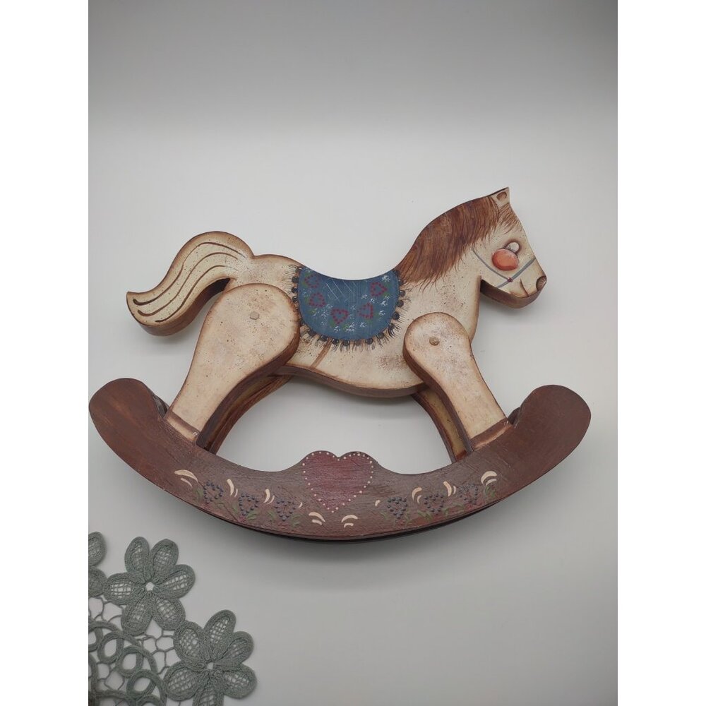 Vintage Wood Rocking Horse 13.75"x11.5" Folk Hand Painted, Doll Nursery Decor